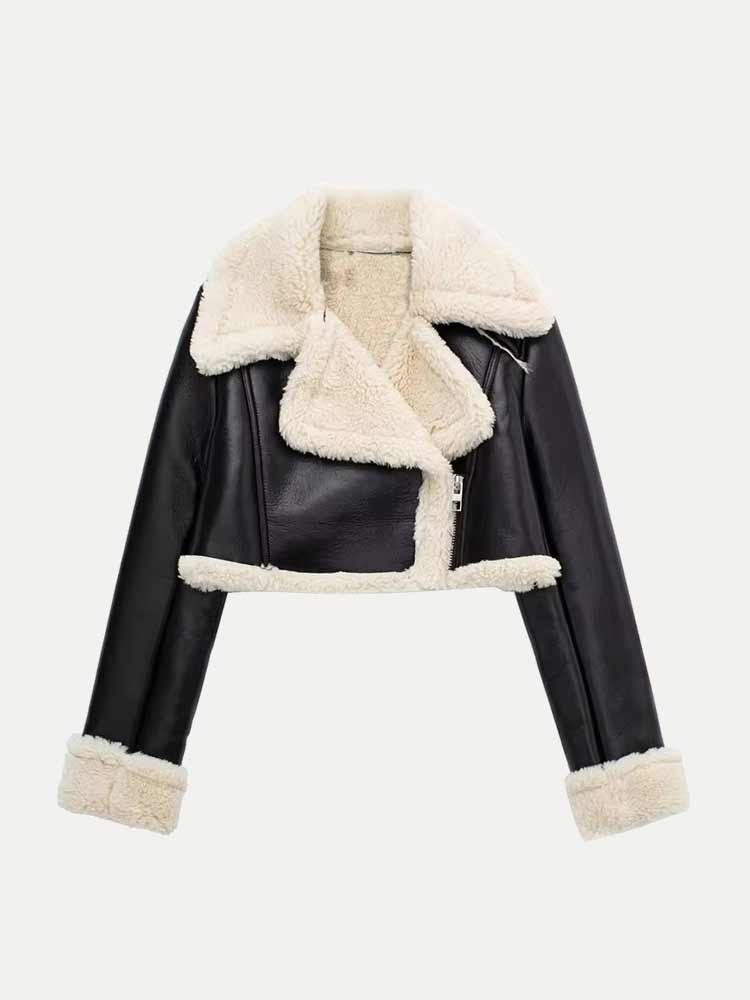 Victoria | Dame Kort Læderjakke med Shearling Krave