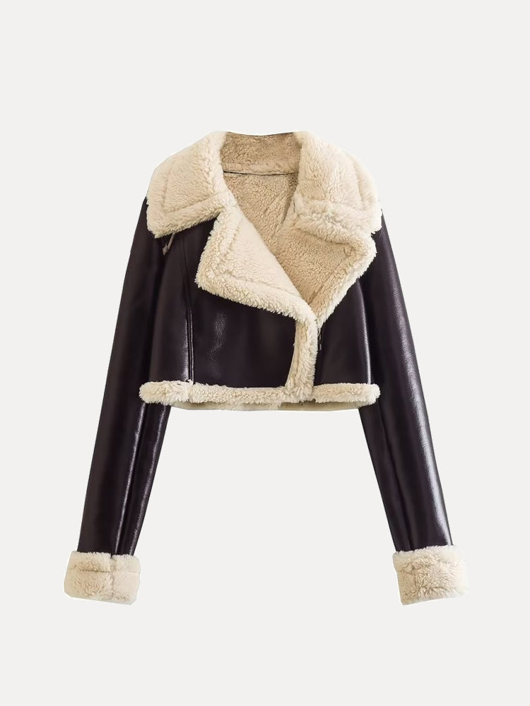 Victoria | Dame Kort Læderjakke med Shearling Krave