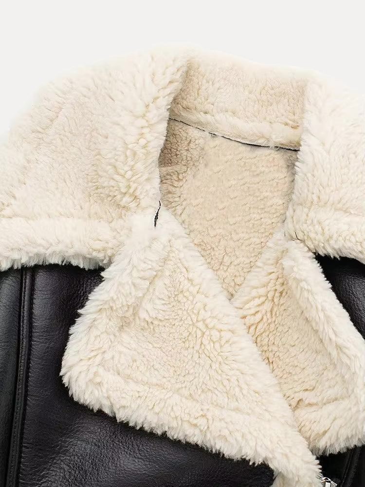 Victoria | Dame Kort Læderjakke med Shearling Krave