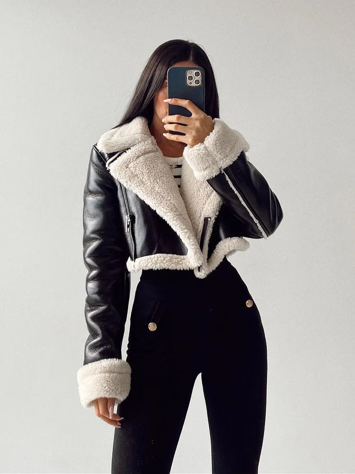 Victoria | Dame Kort Læderjakke med Shearling Krave