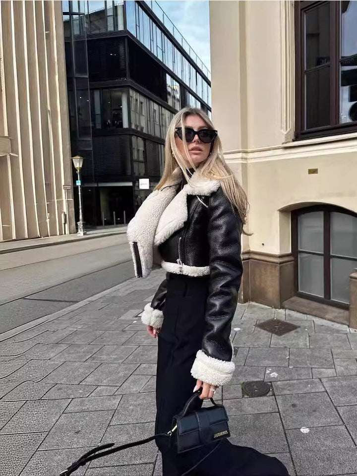 Victoria | Dame Kort Læderjakke med Shearling Krave