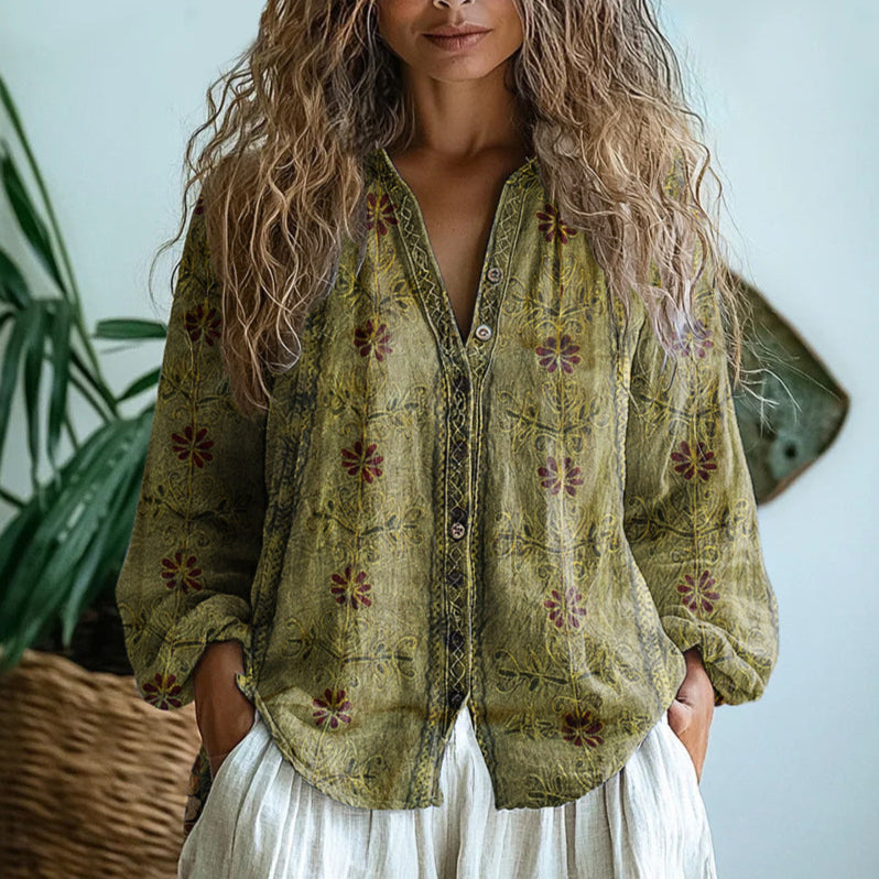 Ambre Vintage Bluse Med Bladprint