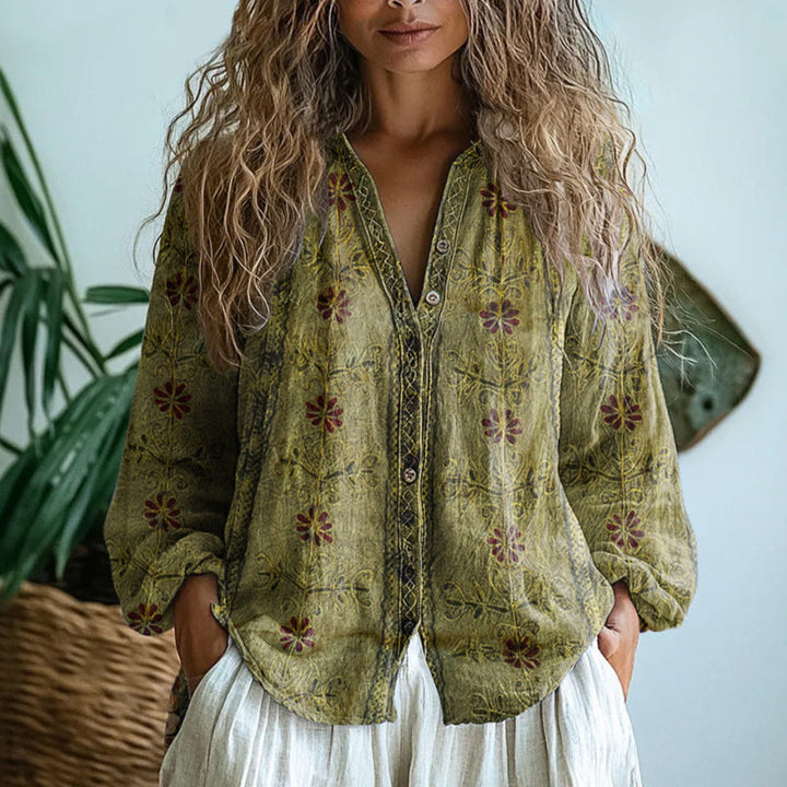Ambre Vintage Bluse Med Bladprint